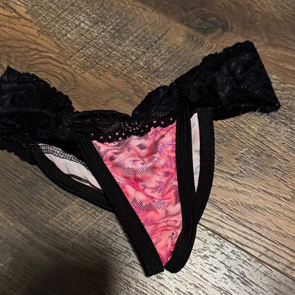 iHeartRaves Pink Patterned Lace Bikini Panty with Black Trim